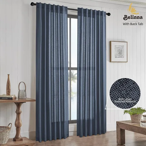 Miniatura 8 de Cortinas con pestaña trasera de 84 pulgadas de largo, mezcla de lino, juego de 2 paneles, cortinas azul oscuro extra anchas para patio, pasillo