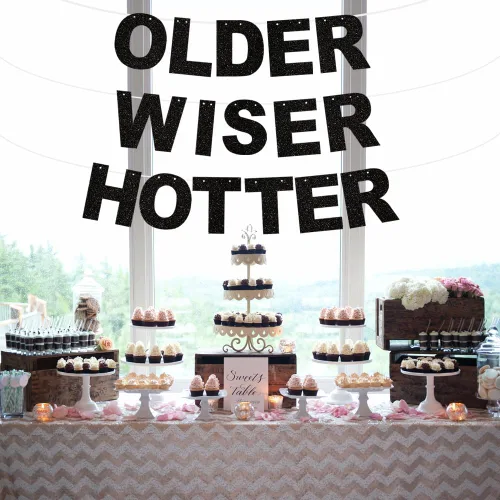 Miniatura 5 de BEISHIDA Cartel negro con purpurina Older Wiser Hotter – No DIY – Cartel de cumpleaños pre-encordado para mujeres 40, 50, 60, 70, 80, divertido