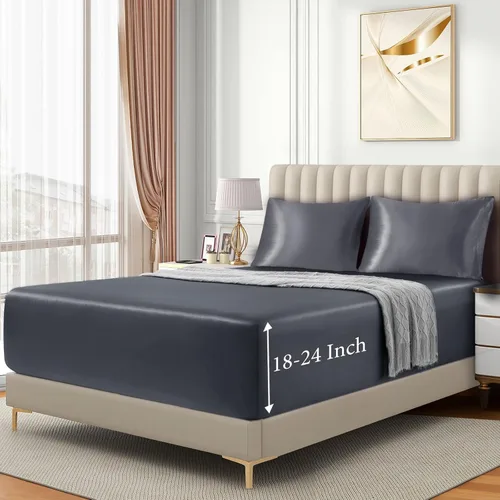 Miniatura 4 de VACVELT Juego de sábanas bajeras de satén de 3 piezas con bolsillos extra profundos para cama matrimonial, sábana bajera color gris que se ajusta a