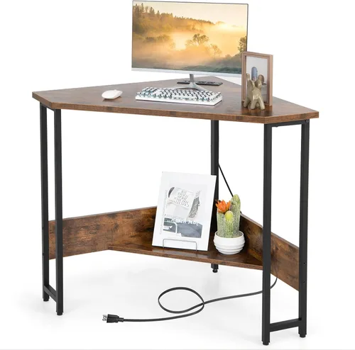 Escritorio esquinero, escritorio triangular para computadora con puertos USB y tomas de corriente, escritorio pequeño para espacios pequeños,