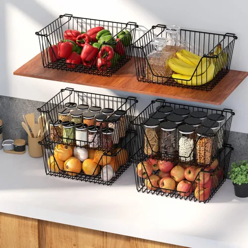 Miniatura 2 de Cestas de metal apilables de alambre resistente, organizador de gabinete de despensa de alambre con asa para el hogar, baño, cocina, organización