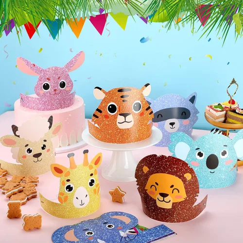 Miniatura 6 de 24 piezas de sombreros de fiesta de cumpleaños de animales, diademas de animales, corona de papel de fiesta de animales de la selva para niñas