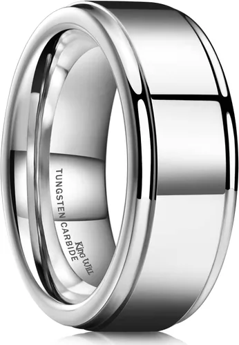 King Will Anillos de boda de tungsteno pulido de 0.315in para hombre, superficie de alto pulido, color negro, plateado, borde escalonado, ajuste