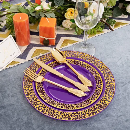 Miniatura 4 de U-QE 150 platos de plástico dorado morado con cubiertos dorados, platos de plástico dorados para fiestas y bodas, incluyen 30 platos llanos de 10.25