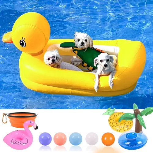Miniatura 7 de Juego de flotadores de piscina para perros, balsa flotante para perros con cuenco plegable para perros, juguetes de agua flotantes no tóxicos
