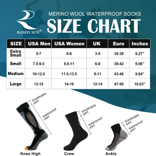 Miniatura 6 de RANDY SUN Merino Wool Hiking Waterproof Socks, Unisex Lightweight Breathable Multisport Crew Socks 1 Pair