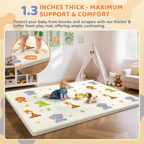 Miniatura 2 de Omzer Alfombra de Juego para Bebé para Piso: Espuma Suave y Segura de 3.3 cm de Grosor con Cobertura de Algodón Lavable a Máquina para Tiempo