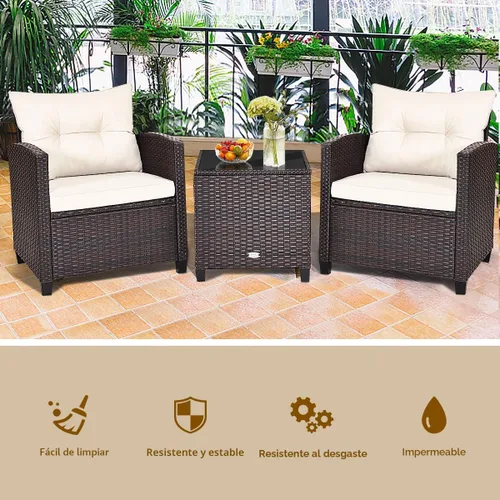 Miniatura 9 de KOTEK Juego de muebles de patio de 3 piezas, juego de conversación al aire libre con cojines lavables y mesa de vidrio templado, juego de bistró
