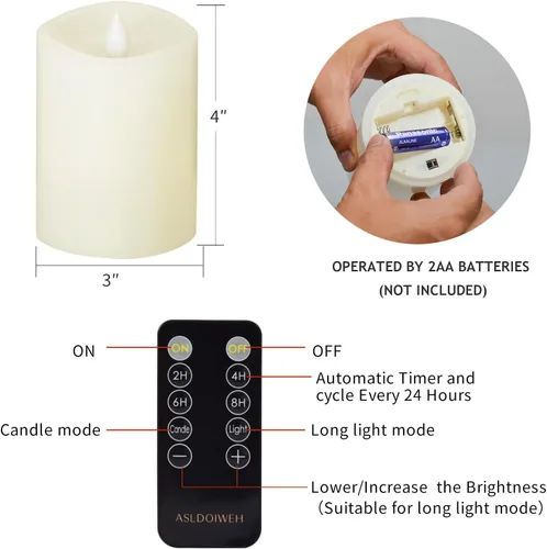 Miniatura 6 de Juego de 1 velas sin llama de 3 x 4, batería de 2 AA, 600 horas, velas parpadeantes con temporizador, velas sin llama de 4 pulgadas con control