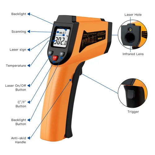 Miniatura 2 de Termómetro infrarrojo láser sin contacto, pistola de temperatura digital, -50 °C a 400 °C (-58 °F a 752 °F), termómetro IR para industrial, cocina