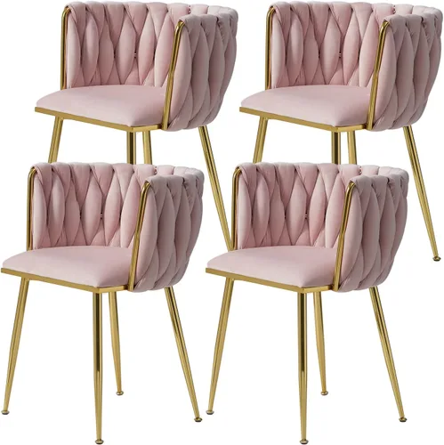 Miniatura 10 de Juego de 2 sillas de comedor de terciopelo, modernas sillas de comedor tapizadas con patas de metal dorado y respaldo tejido para comedor, cocina