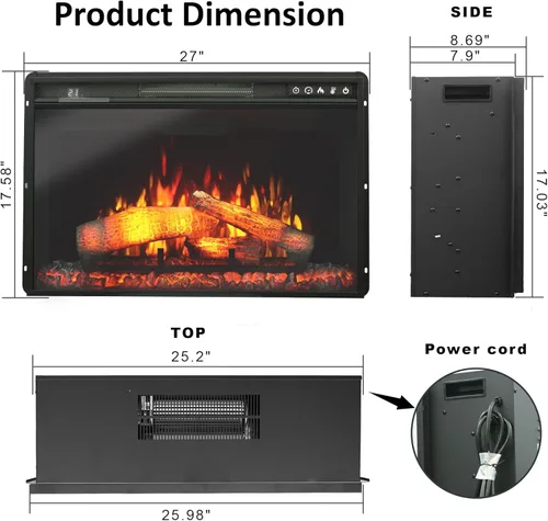 Miniatura 3 de Insertos de chimenea eléctrica de 26 pulgadas, 1500W empotrado en pared con control remoto, temporizador, 6 niveles de brillo y 5 velocidades