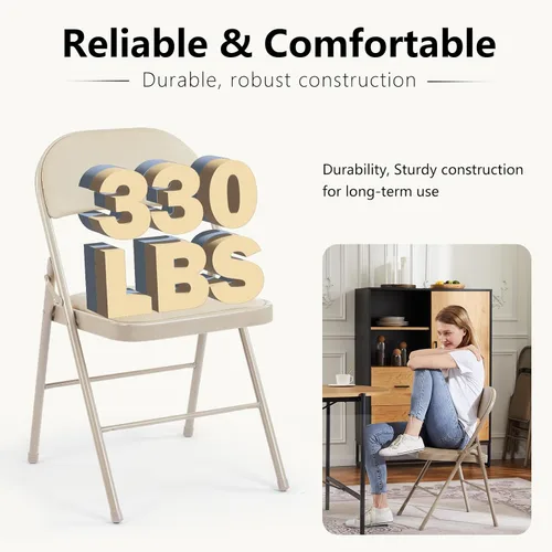 Miniatura 5 de DUMOS Paquete de 12 sillas plegables acolchadas de cuero, asiento comercial apilable portátil para interiores y exteriores con marco de acero, Caqui
