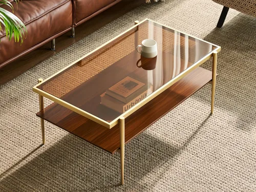 Miniatura 20 de Shrine - Mesa de café rectangular, diseño moderno de mediados de siglo, estructura de 2 niveles, parte superior de vidrio ámbar y estante de MDF
