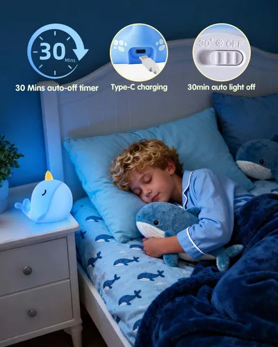 Miniatura 3 de Fuloon Narwhal - Luz nocturna con forma de ballena, lámpara de silicona blanda para niños, control táctil seguro y relajante para niños y bebés