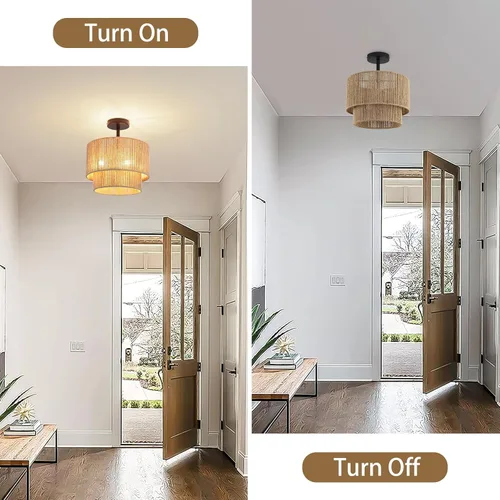 Miniatura 5 de 12.6" Boho Light Fixtures Ceiling Mount, Coastal Hemp Rope Semi Flush Mount Ceiling Light,3-Light Rustic Rattan Ceiling Light With 2-Tier Drum Shade
