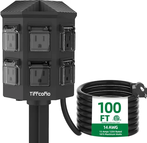 Miniatura 9 de TiFFCOFiO Regleta de Alimentación para Exteriores Resistente a la Intemperie, Cable de Extensión de 25 Pies con Estaca, 6 Enchufes con Conexión a