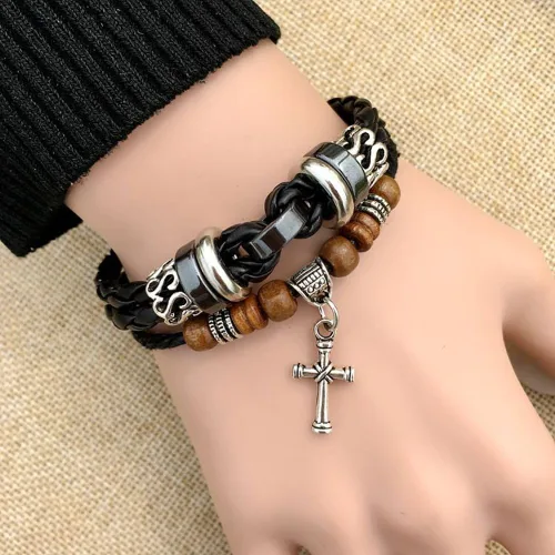 Miniatura 13 de Suyi brazalete ajustable con varias capas, de cuero tejido trenzado con cruz. Pulsera tipo esclava.