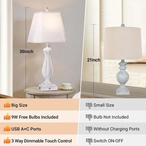 Miniatura 4 de Juego de 2 lámparas de mesa regulables de 3 vías para dormitorio, lámparas táctiles de 30 pulgadas de alto para sala de estar con puertos USB y tipo
