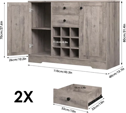 Miniatura 3 de BOTLOG Gabinete de barra de café, armario de almacenamiento de bufé de cocina con almacenamiento, 43.3 pies de aparador de buffet con cajones, Gris