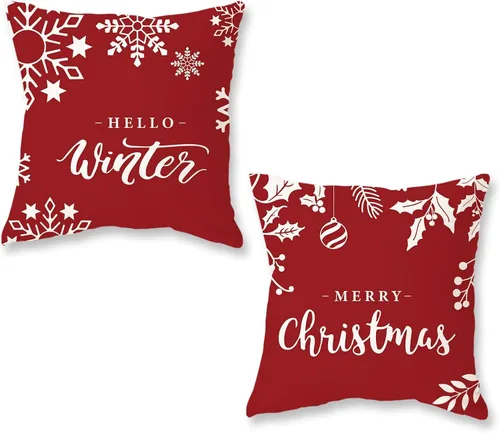 ONWAY Juego de 2 fundas de almohada de Navidad de 18 x 18 pulgadas, decoraciones rojas de Feliz Navidad, copos de nieve de invierno para exteriores,