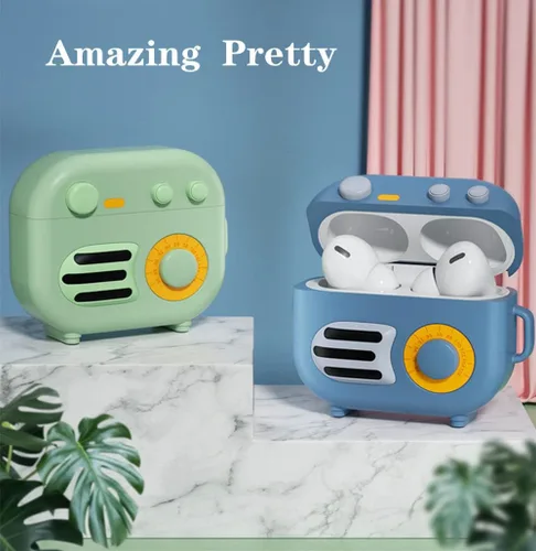 Miniatura 5 de KAIJIA - Bonita funda para Apple AirPods 3ª generación 2021 con llavero, divertido diseño de radio retro de dibujos animados en 3D, funda protectora