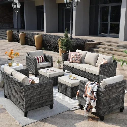 Miniatura 50 de ovios Juego de muebles de patio de 6 piezas, sillas giratorias de mimbre para exteriores con mesa para fogatas de 30 pulgadas, juego de mecedoras
