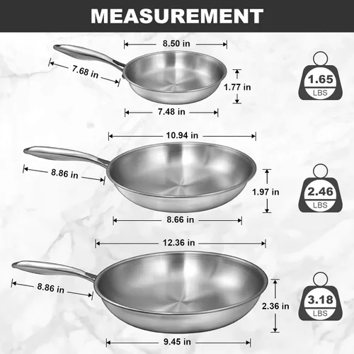 Miniatura 2 de EWFEN Juego de sartenes de acero inoxidable de tres capas, sartenes de cocina de 8 pulgadas, 10 pulgadas/12 pulgadas, sartén sin PFOA y PTFE, sartén