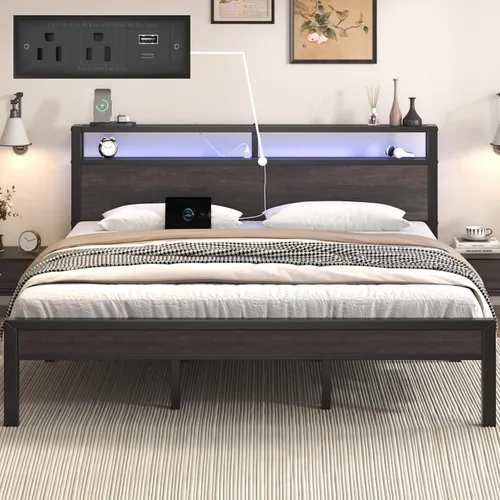 Miniatura 10 de E-Motie Base de cama de tamaño matrimonial con luces LED y estación de carga, cabecera de almacenamiento de madera con estantes de 2 niveles