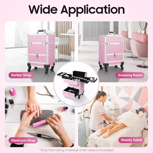 Miniatura 8 de Estuche de maquillaje con ruedas y mango telescópico, cajón con cerradura, estuche de maquillaje rodante, organizador de cosméticos, para estilista