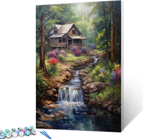Miniatura 25 de Tucocoo Kit de pintura de flores para casa por números con pinceles y pigmento acrílico sobre lienzo para adultos, paisajes de bosques arroyos