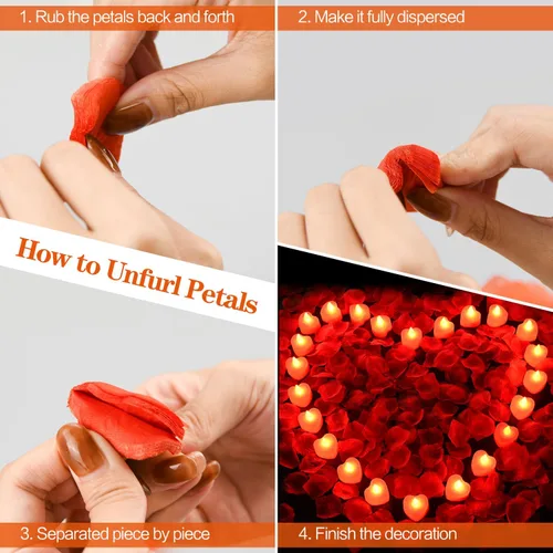 Miniatura 6 de KOABY - 2000 pétalos de rosa artificiales rojos con kit de 24 luces LED rojas en forma de té, para decoración 2000 pétalos rojos + 24 velas rojas