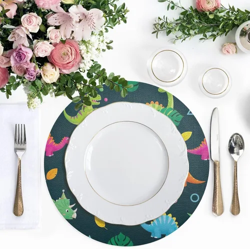 Miniatura 5 de Colorful Cartoon Dinosaurs Playful Teal Dinner Table Placemats, Non Slip Placemats Set Washable for Kitchen Table one sizex1