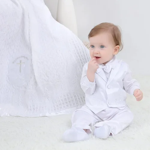 Miniatura 4 de Booulfi Mantas de bebé bordadas con cruz neutra para niños y niñas, manta blanca para bautizo, bautizo, borde satinado, cubierta de chal