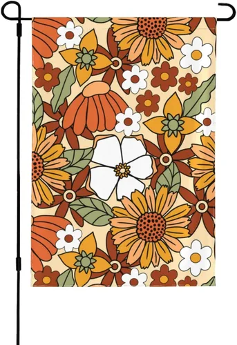 Bandera de jardín floral retro de los años 70 de 12 x 18 pulgadas, bandera decorativa de primavera, pequeña, vertical, de doble cara, decoración de