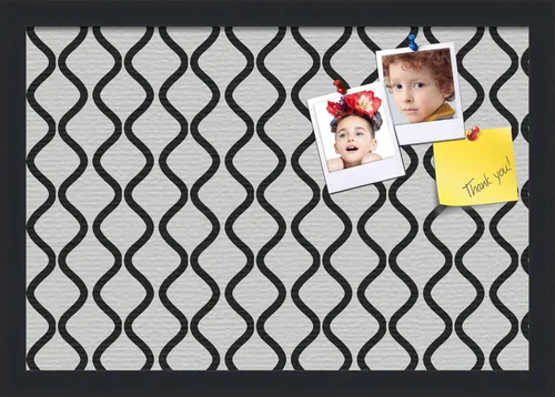 Miniatura 50 de PinPix Tablero de anuncios de corcho de 13 x 13 pulgadas. Este tablero decorativo enmarcado viene con diseño de ondas en blanco y negro y un marco