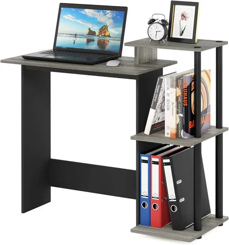 Miniatura 15 de Furinno - Escritorio compacto para computadora con estantes, Tablero de partículas, Negro / Gris