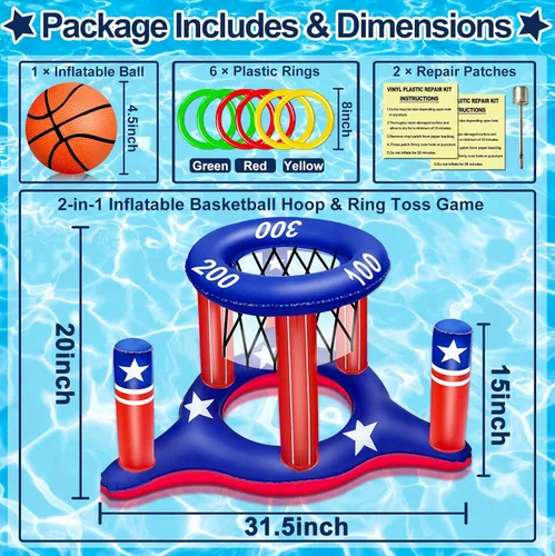 Miniatura 2 de Juguetes de piscina con la bandera estadounidense para adolescentes y adultos, 250 aniversario, aro de baloncesto flotante 2 en 1, juego