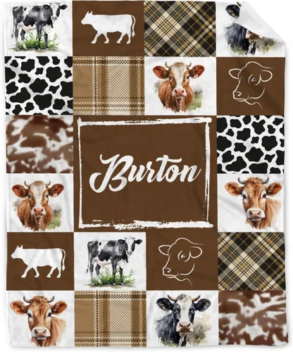 Manta de bebé personalizada con estampado de vaca, nombre personalizado, manta de cumpleaños para recién nacido, manta de recepción para niño o