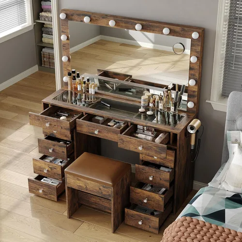 Miniatura 3 de Yanosaku Escritorio de tocador y toma de corriente, mesa de maquillaje con espejo, 12 luces LED y 3 modos de iluminación, 11 cajones, incluye silla