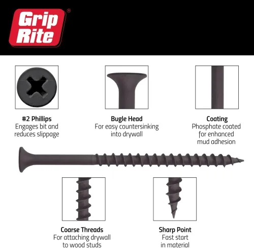 Miniatura 3 de Grip-Rite 1CDWS1 #6 X 1" Phillips Bugle Head Coarse Thread Sharp Point Tornillo para Paneles de Yeso, Caja de 1 libra