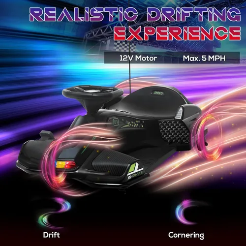Miniatura 3 de Aosom Go Kart Eléctrico de 12V, Coche de Deriva de 5 MPH, Juguete de Montar con Batería para Exteriores con Arranque Lento, Música, Luces Coloridas