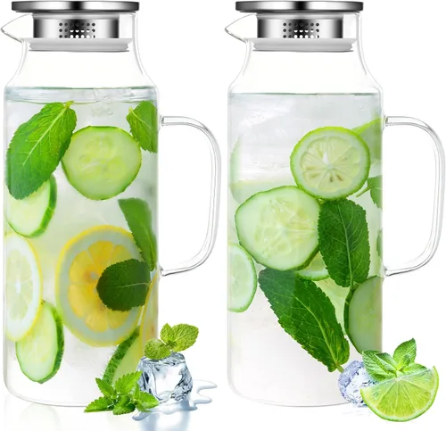 Miniatura 9 de 2 jarras de vidrio con tapa y boquilla, jarra de vidrio para agua caliente/fría con asa, jarras de té helado, jarras de bebidas para refrigerador