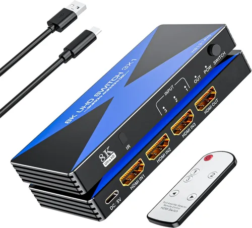 Interruptor HDMI de 8K a 60Hz 3 en 1 salida. ALYYDBG HDMI 2.1 Switcher soporta DSC 4K @240Hz 3D HDR10+ HDCP 2.3 VRR para PS5/4 Xbox Nintendo Switch