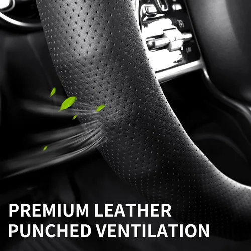 Miniatura 5 de Funda para volante, universal de 15 pulgadas, protector de volante de cuero sintético antideslizante, transpirable y compatible con calefacción