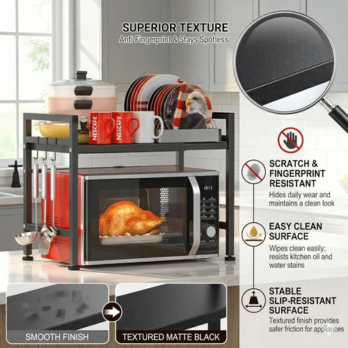 Miniatura 2 de PUSDON Estante para horno microondas negro texturizado, organizador de encimera de cocina expandible de 2 niveles, soporte de acero al carbono