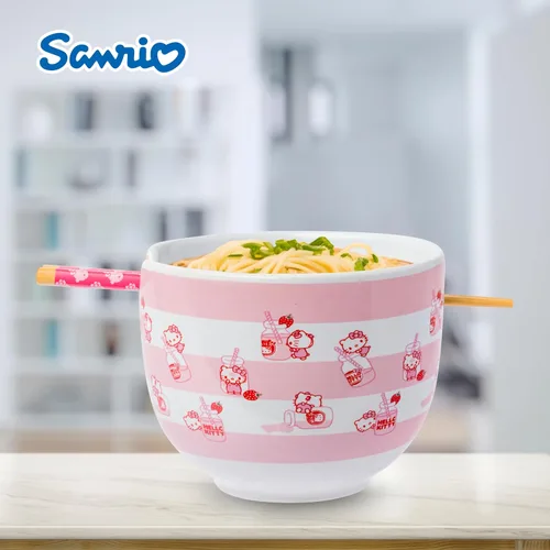 Miniatura 6 de Silver Buffalo Sanrio Hello Kitty Tazón de Cerámica para Fideos Ramen y Arroz con Patrón de Leche de Fresa, con Palillos, Apto para Microondas, 20