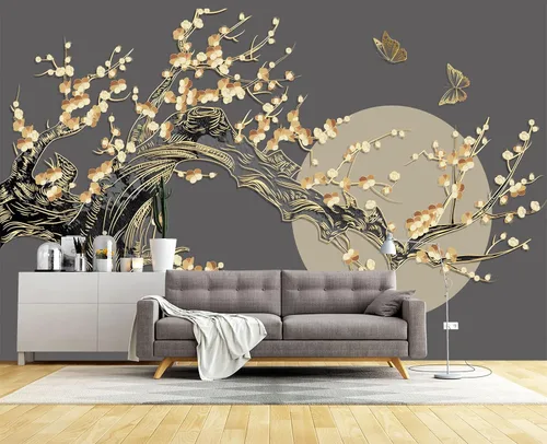 Miniatura 3 de Papel tapiz de pared con diseño de mariposas y luna de ramas doradas, para dormitorio, 178 x 117 pulgadas (no despegar ni pegar)