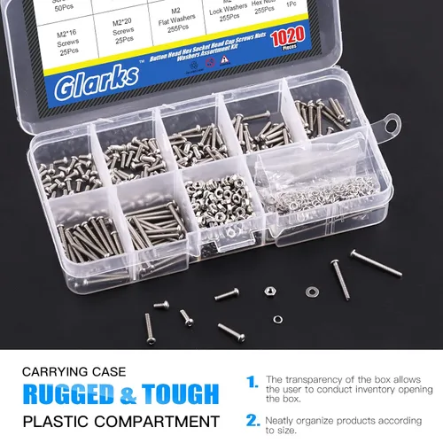 Miniatura 5 de Glarks 1021 tornillos de cabeza de botón M2 304 de acero inoxidable hexagonal, tornillos y tuercas arandelas kit surtido con llave hexagonal