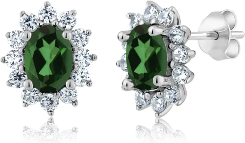 Miniatura 126 de Gem Stone King Aretes ovalados de plata de ley 925 de 0.276 x 0.197 in con piedra natal de la princesa Diana, estilo halo real para mujeres